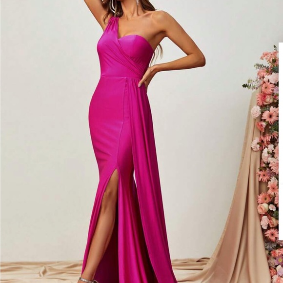 Luxe one shoulder slit thighs party formal evening bridesmaids wedding dress - Picture 5 of 6